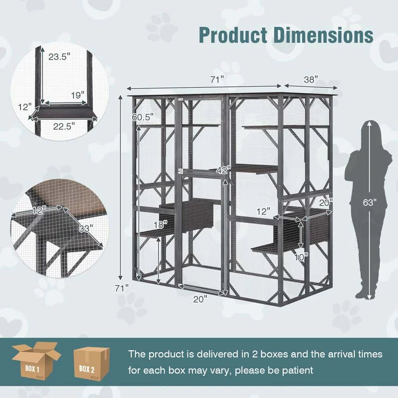 71" Tall Large Cat House Outdoor Catio Kitty Enclosure, Walk-in Cat Kennel Condo, Wooden Cat Cage Playpen with 7 Platforms