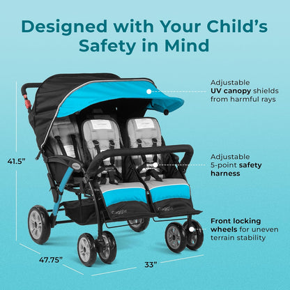 Compass Quad 4 Seat Stroller | 4-Seat Stroller for Daycare | Oversized UV Blocking Canopy | 5-Point Harness | Easy Loading | Storage Bucket | Teal