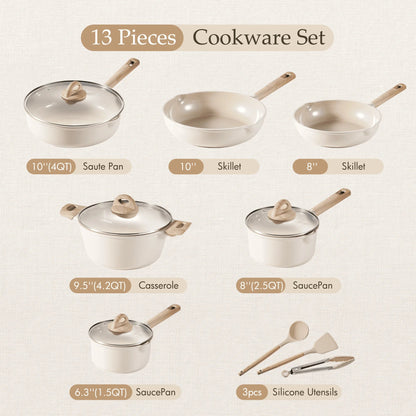 2026 NewCarote Nonstick Pots and Pans Set, 13 Pieces Kitchen Cookware Sets Compatible for All Stoves, White Granite