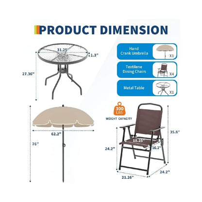 2026 New6 Pieces Outdoor Dining Set With Umbrella, Patio Table and 4 Folding Chairs With Umbrella, Garden Patio Furniture Set With Umbrellas, Tempered Glass Top Dining Table