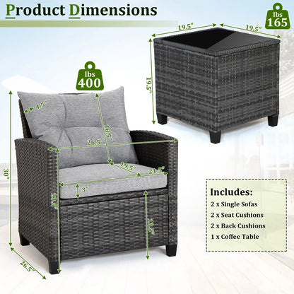 2026 NewGymax 3PCS Patio Rattan Sofa Set Outdoor Wicker Conversation Set Glass Tabletop w/ Grey Cushion