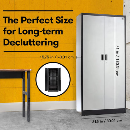 Heavy Duty Metal Garage Locker - 71 "tall large steel multipurpose locker with adjustable shelves and door locks - black and silver