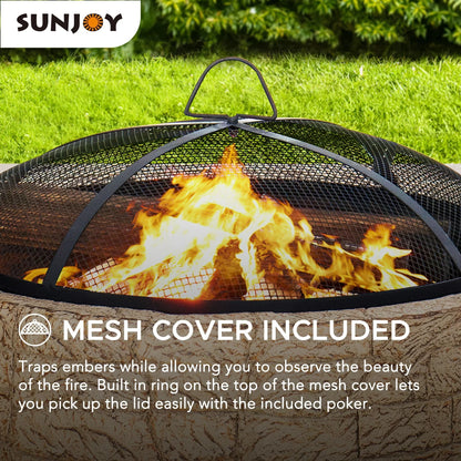 2026 NewSunjoy Stone Fire Pit 26 Inch, Outdoor Round Wood Burning Fire Pits with Spark Screen and Poker Grey