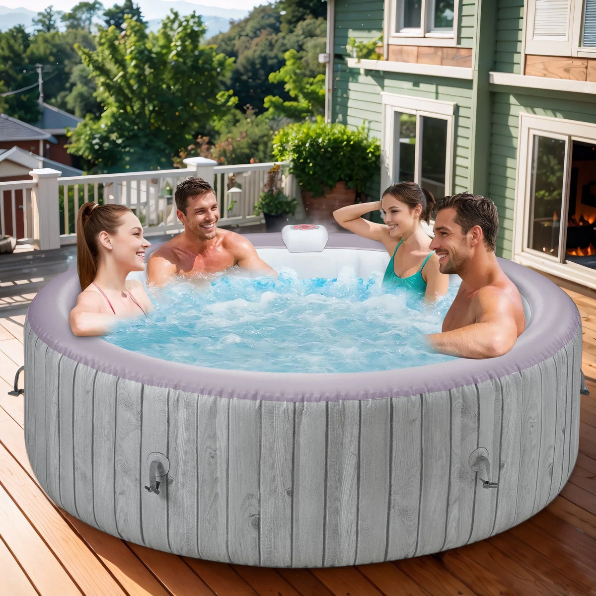 2026 NewRound Hot Tub Surround Furniture, Spa Surround Outdoor Rattan Sectional Sofa Set with Mini Sofa, Solid Acacia Wood Hot Tub Storage Surround Patio Furniture Set, Gray Cushion