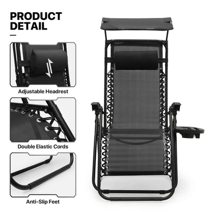2026 NewMoNiBloom Zero Gravity Chairs Set of 2, Folding Outdoor Patio Beach Recliner with Canopy Shade & Headrest, Black