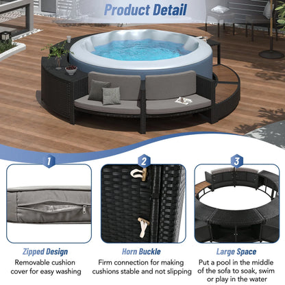 2026 NewRound Hot Tub Surround Furniture, Spa Surround Outdoor Rattan Sectional Sofa Set with Mini Sofa, Solid Acacia Wood Hot Tub Storage Surround Patio Furniture Set, Gray Cushion