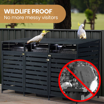 PLANTCRAFT Triple Wood Wheelie Bins Storage Shed, 3 Door Garbage Rubbish Bin Enclosure