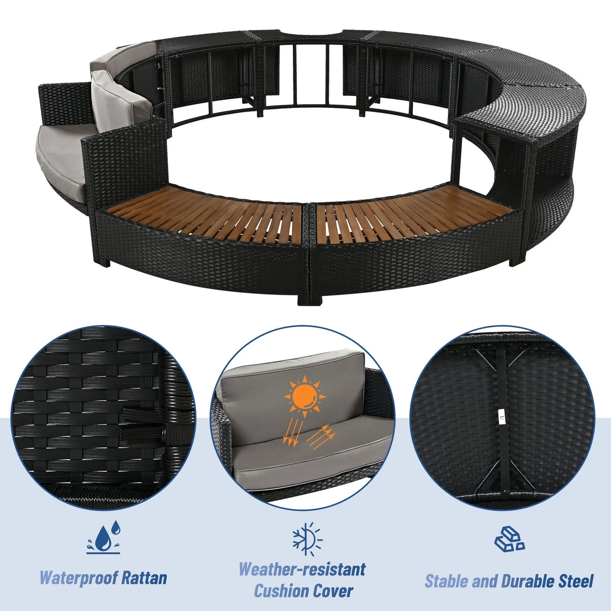 2026 NewRound Hot Tub Surround Furniture, Spa Surround Outdoor Rattan Sectional Sofa Set with Mini Sofa, Solid Acacia Wood Hot Tub Storage Surround Patio Furniture Set, Gray Cushion