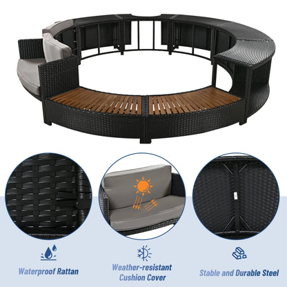 2026 NewRound Hot Tub Surround Furniture, Spa Surround Outdoor Rattan Sectional Sofa Set with Mini Sofa, Solid Acacia Wood Hot Tub Storage Surround Patio Furniture Set, Gray Cushion