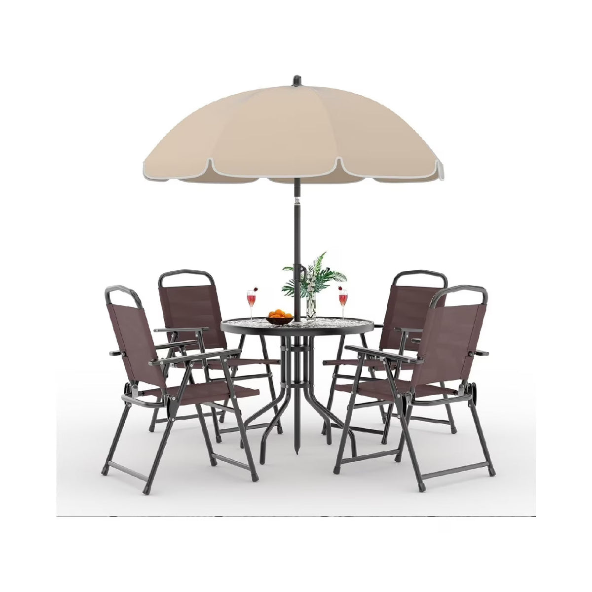 2026 New6 Pieces Outdoor Dining Set With Umbrella, Patio Table and 4 Folding Chairs With Umbrella, Garden Patio Furniture Set With Umbrellas, Tempered Glass Top Dining Table