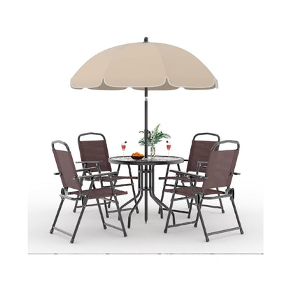 2026 New6 Pieces Outdoor Dining Set With Umbrella, Patio Table and 4 Folding Chairs With Umbrella, Garden Patio Furniture Set With Umbrellas, Tempered Glass Top Dining Table