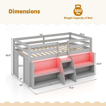 Kids Twin Size Loft Bed with LED Lights, Stairs & Safety Guardrail, Storage Bookcase and Under-bed Play Space