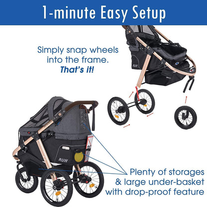 Jogging Sports Stroller with Comfort Rubber Wheels/Zipper-Less Entry/1-Hand Quick Fold/Aluminum Frame for Small/Medium Dogs, Cats and Pets (Green Camo)