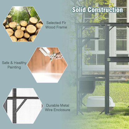 71" Tall Large Cat House Outdoor Catio Kitty Enclosure, Walk-in Cat Kennel Condo, Wooden Cat Cage Playpen with 7 Platforms