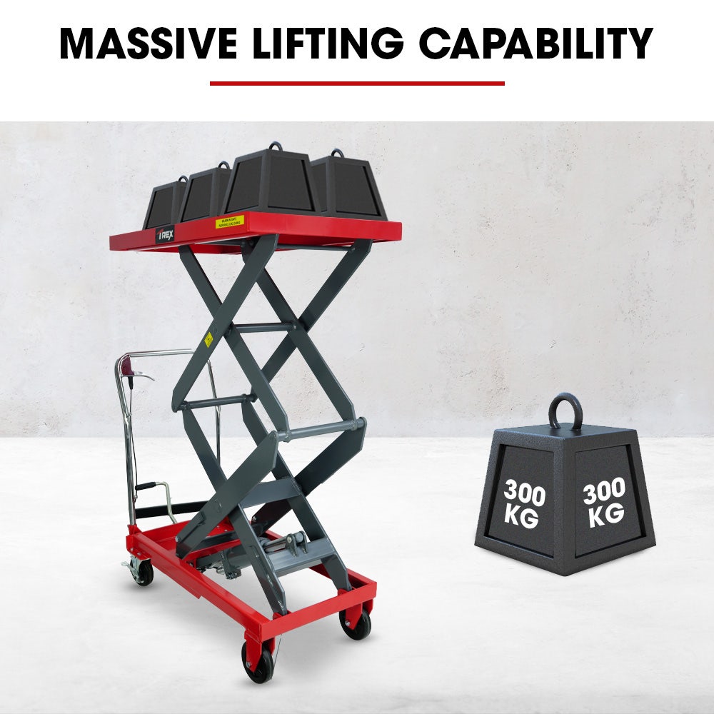 T-REX 300KG Hydraulic High Lift Double Scissor Trolley, 1.3M Max Platform Hgt, Heavy-Duty, for Material Handling