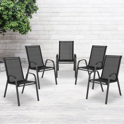 2026 NewBizChair 5 Pack Black Outdoor Stack Chair with Flex Comfort Material and Metal Frame