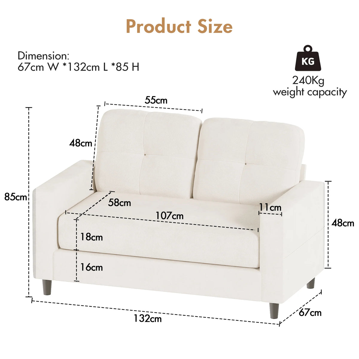 2-Seater Sofa 132cm Loveseat Sofa Beige