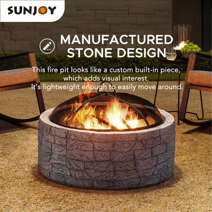 2026 NewSunjoy Stone Fire Pit 26 Inch, Outdoor Round Wood Burning Fire Pits with Spark Screen and Poker Grey