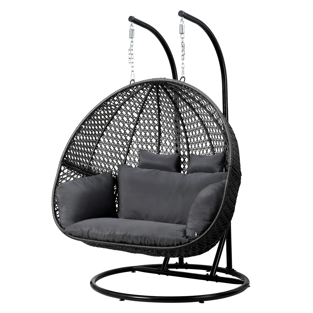 Gardeon Outdoor Egg Swing Chair Wicker Furniture Pod Stand Cushion 2 Seater Grey