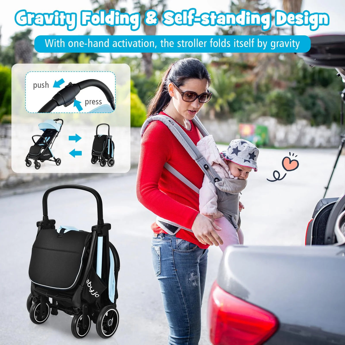 Compact Travel Stroller for Airplane Infant Toddler Stroller w/Adjustable Backrest & Canopy