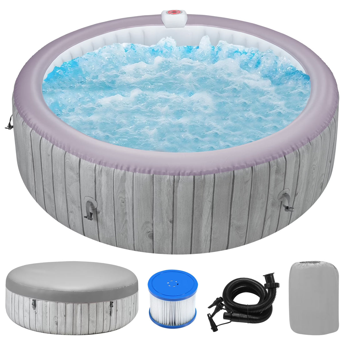 2026 NewRound Hot Tub Surround Furniture, Spa Surround Outdoor Rattan Sectional Sofa Set with Mini Sofa, Solid Acacia Wood Hot Tub Storage Surround Patio Furniture Set, Gray Cushion