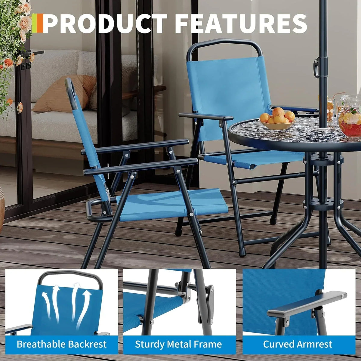 2026 New6 Pieces Outdoor Dining Set With Umbrella, Patio Table and 4 Folding Chairs With Umbrella, Garden Patio Furniture Set With Umbrellas, Tempered Glass Top Dining Table