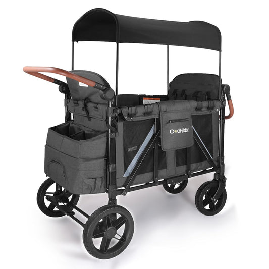All-Terrain 4 Seater Wagon Stroller for Kids - Heavy-Duty 300lb Capacity, One-Hand Fold Design, High Seats with 5-Point Harness, Adjustable Canopy and Handlebars, Light Grey