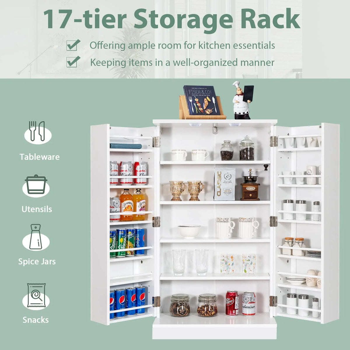 Giantex 2-Door Pantry Cabinet w/ 6 Adjustable Shelves, 17-Tier Buffet Sideboard, Kitchen Storage Cabinet