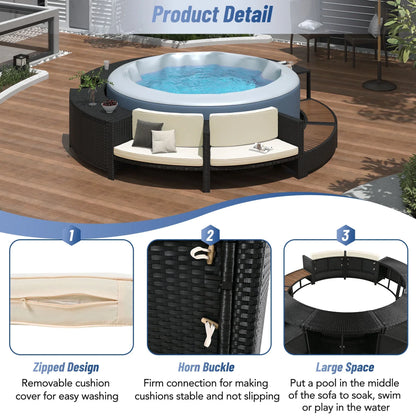 2026 NewRound Hot Tub Surround Furniture, Spa Surround Outdoor Rattan Sectional Sofa Set with Mini Sofa, Solid Acacia Wood Hot Tub Storage Surround Patio Furniture Set, Gray Cushion