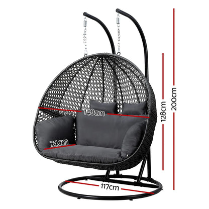 Gardeon Outdoor Egg Swing Chair Wicker Furniture Pod Stand Cushion 2 Seater Grey