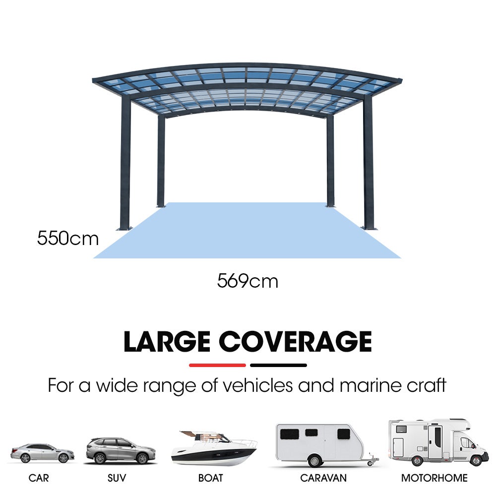 SHADE SHIELD Arched Double Carport 6.0m x 5.5m x 2.98m, Aluminium Alloy Frame, Polycarbonate Roof, Shelter for Car or Outdoor Living