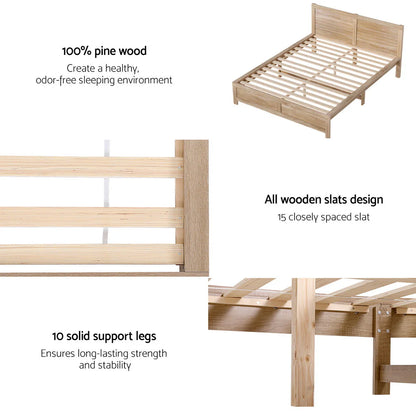 Artiss Bed Frame Queen Size Wooden Acacia Wood OATMEAL