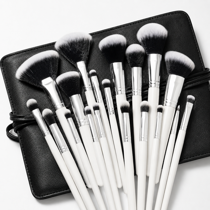 18-Piece Face and Eye Makeup Brush Set with Black Roll Case