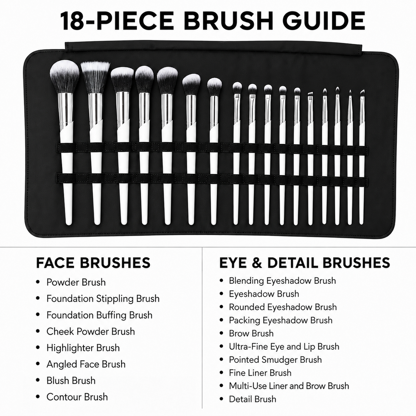 18-Piece Face and Eye Makeup Brush Set with Black Roll Case
