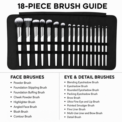 18-Piece Face and Eye Makeup Brush Set with Black Roll Case
