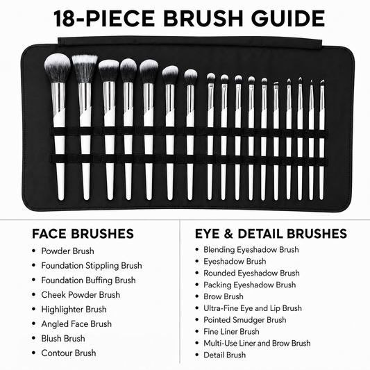 18-Piece Face and Eye Makeup Brush Set with Black Roll Case