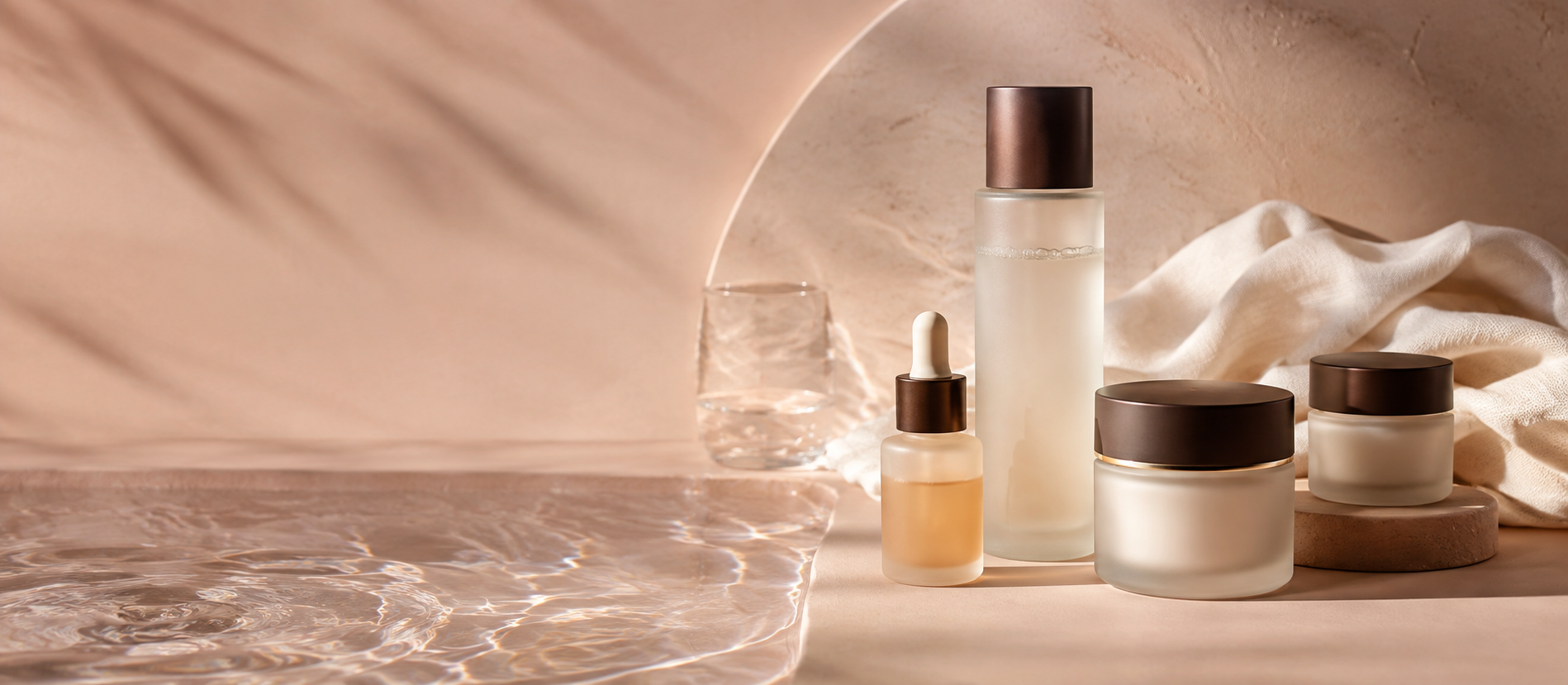 Warm skincare still life with essence, serum, and moisturizers