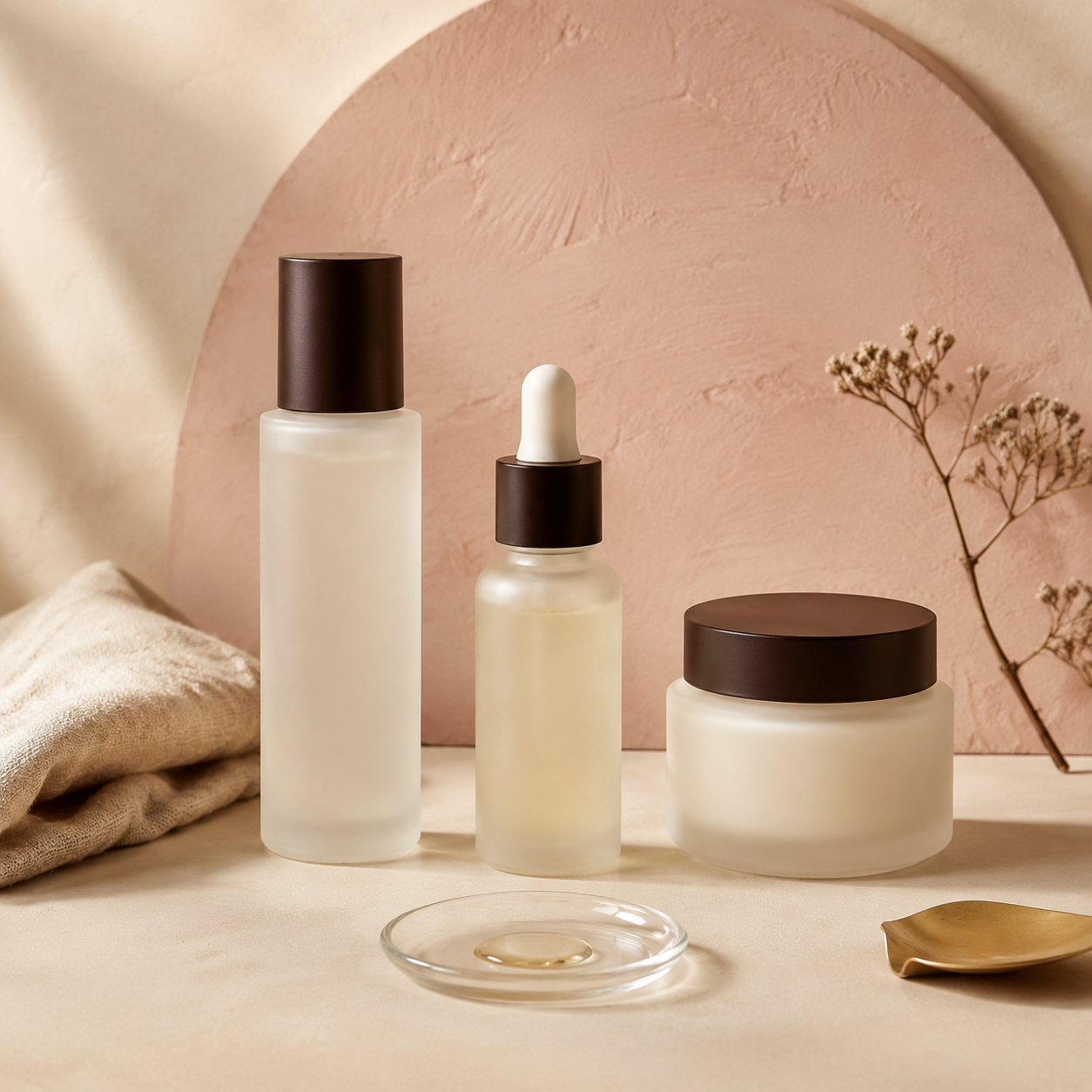 Simple three-step skincare routine with essence, serum, and moisturizer