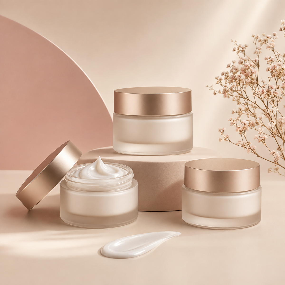 Unbranded facial moisturizer jars with cream texture on a warm ivory backdrop