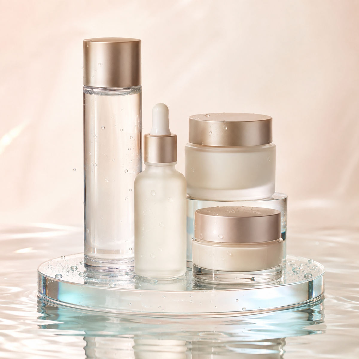 Unbranded hydrating skincare bottles and jars with water droplets