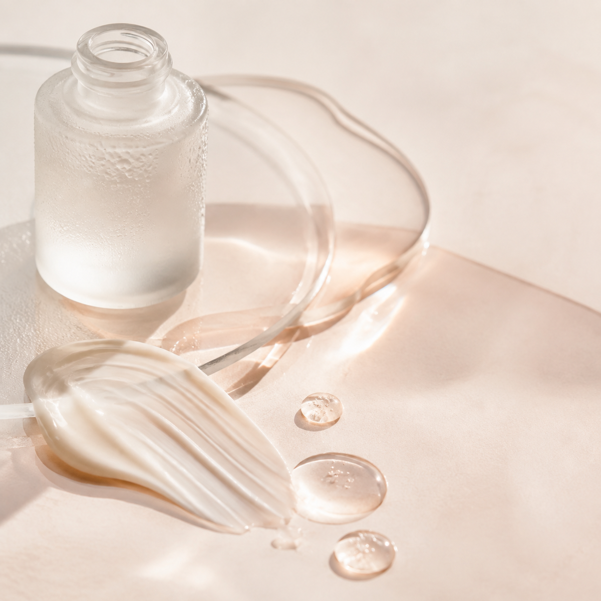 Clear serum droplets and cream texture on a warm ivory surface