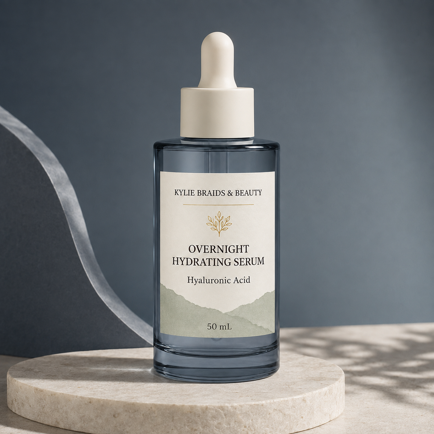 Kylie Braids & Beauty Overnight Hydrating Serum on stone pedestal