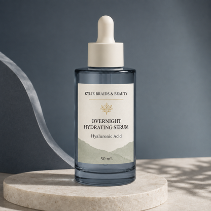 Kylie Braids & Beauty Overnight Hydrating Serum on stone pedestal