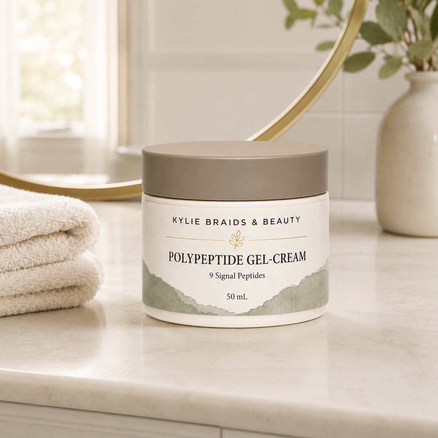 Kylie Braids & Beauty Polypeptide Gel-Cream on bathroom vanity