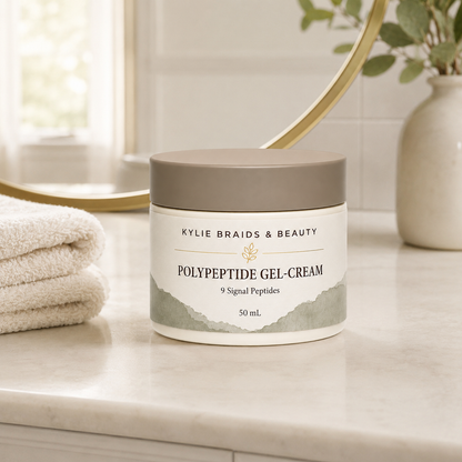 Kylie Braids & Beauty Polypeptide Gel-Cream on bathroom vanity