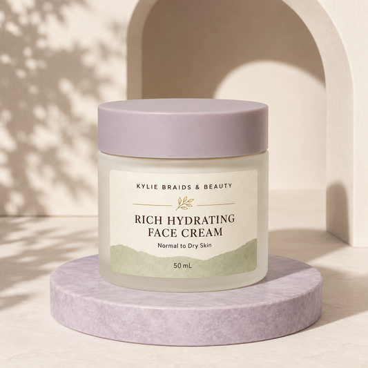 Kylie Braids & Beauty Rich Hydrating Face Cream on lavender pedestal
