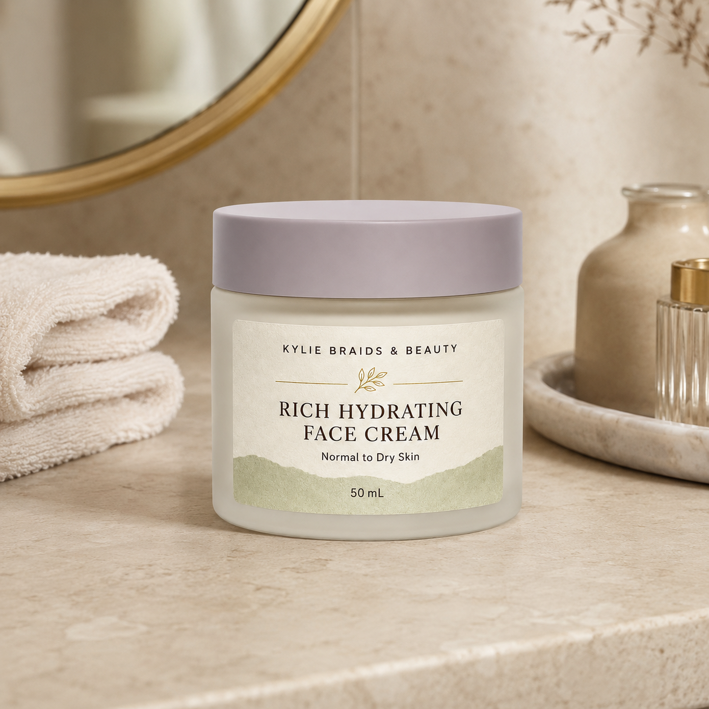 Kylie Braids & Beauty Rich Hydrating Face Cream on bathroom vanity