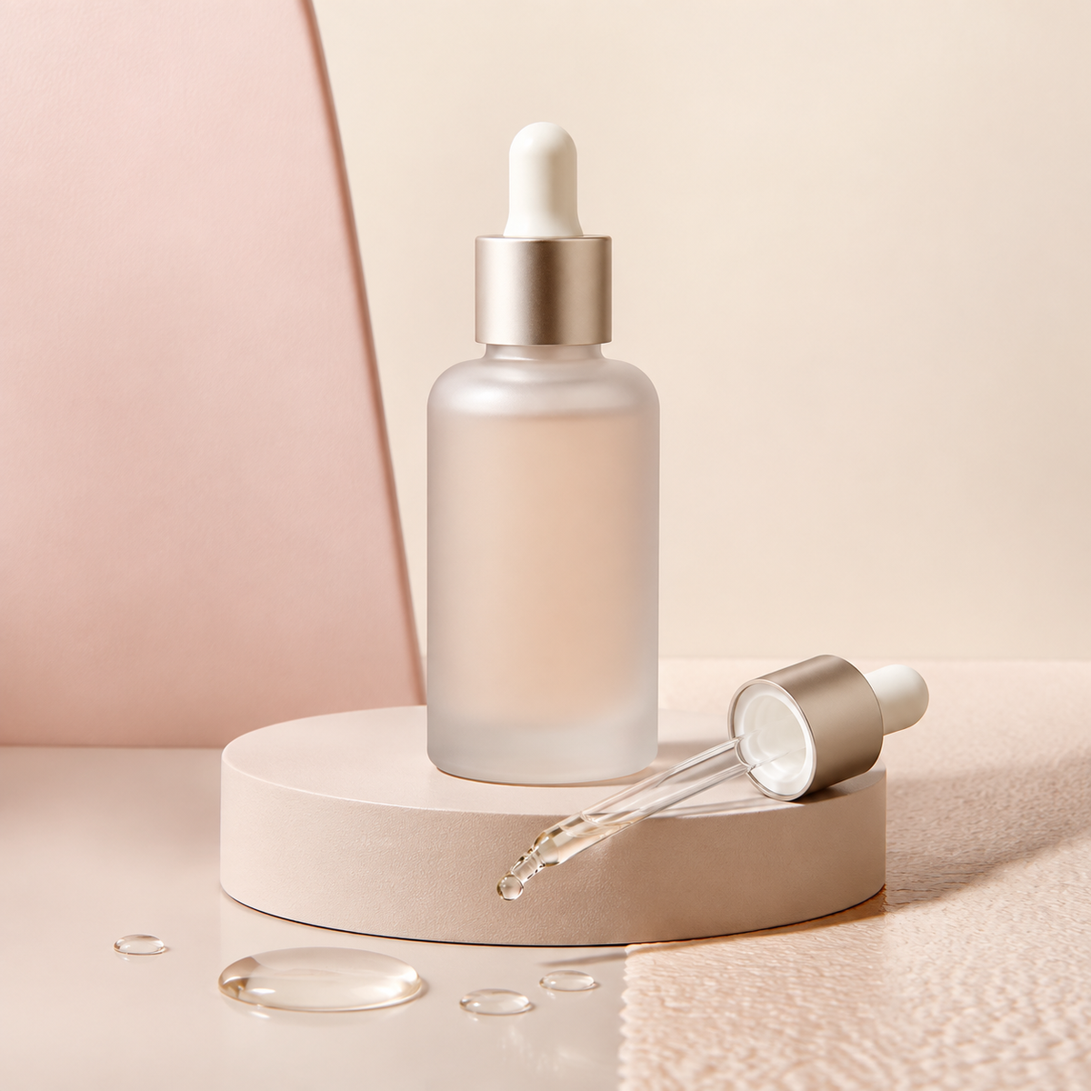 Unbranded facial treatment serum bottle and dropper on a warm ivory backdrop