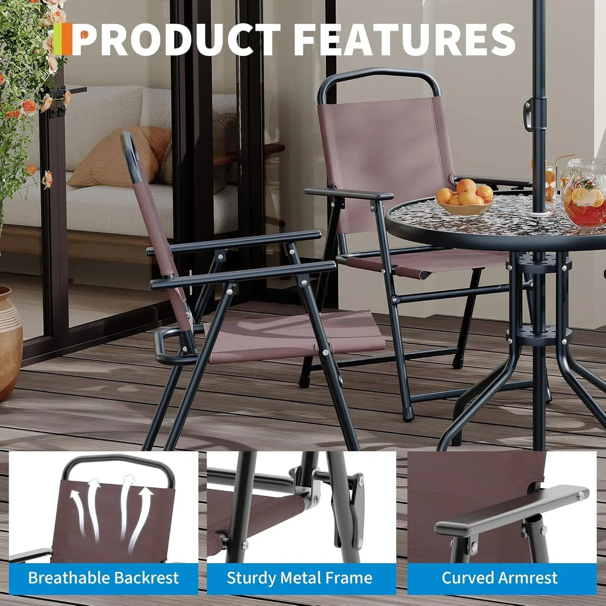 2026 New6 Pieces Outdoor Dining Set With Umbrella, Patio Table and 4 Folding Chairs With Umbrella, Garden Patio Furniture Set With Umbrellas, Tempered Glass Top Dining Table