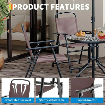 2026 New6 Pieces Outdoor Dining Set With Umbrella, Patio Table and 4 Folding Chairs With Umbrella, Garden Patio Furniture Set With Umbrellas, Tempered Glass Top Dining Table